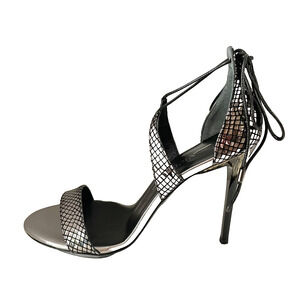 Women’s Gunmetal Silver Stiletto Open Toe Party Heels Real Leather Sz 7.5